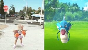 Split screen of Gyarados and Spearow