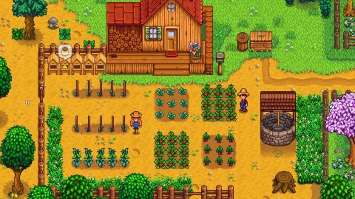 Screenshot of a farm in Stardew Valley