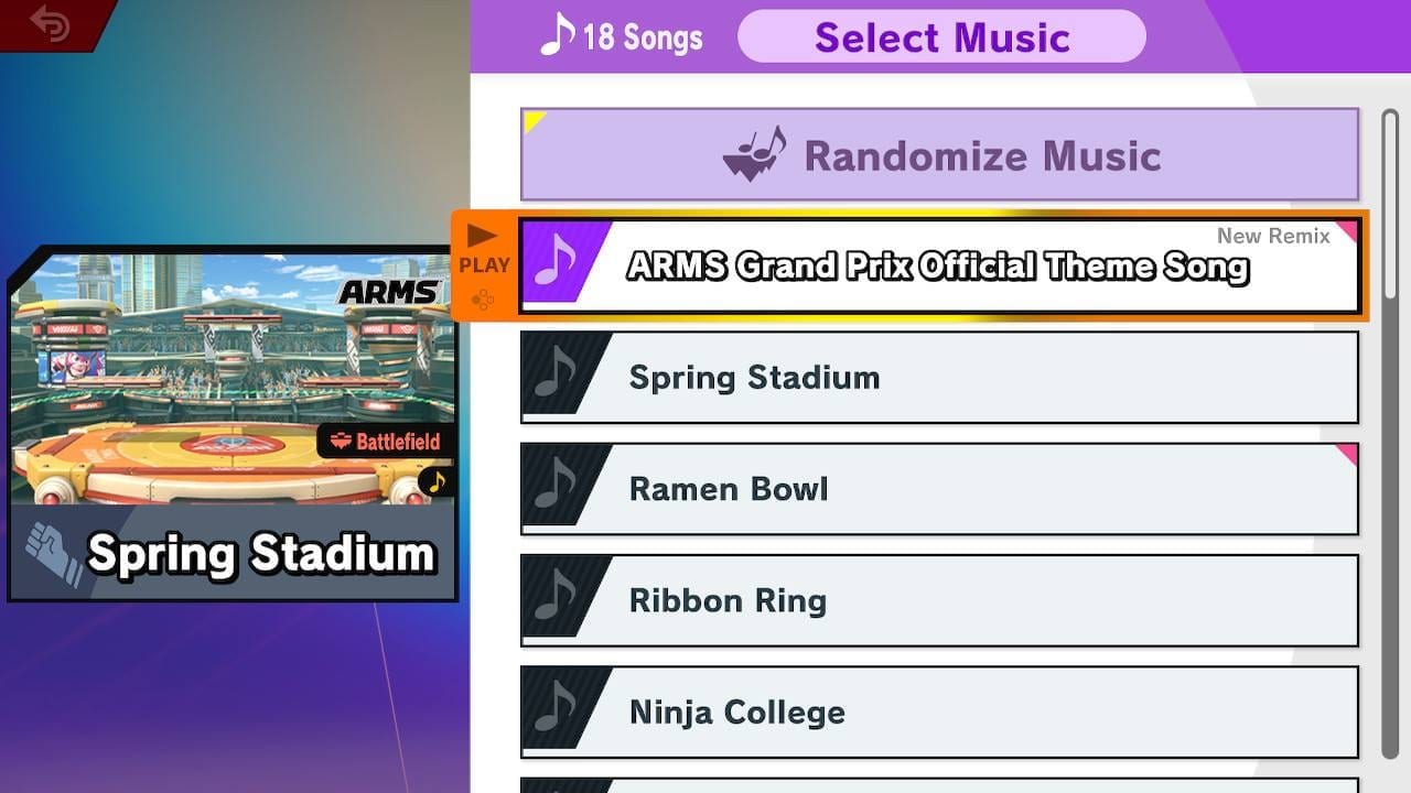 Music selection screen