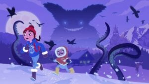 Tove and Lars running away from.a monster