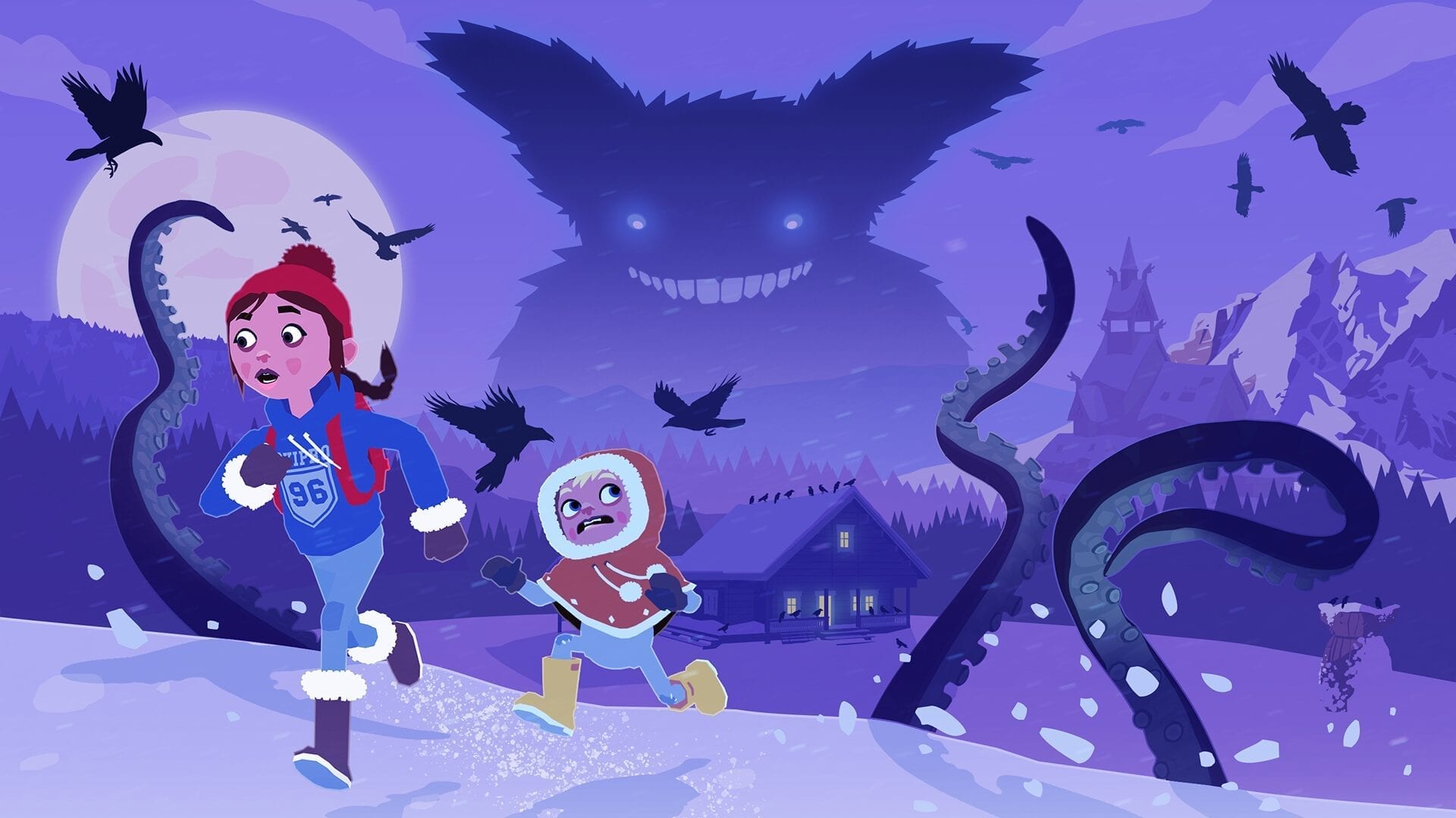 Tove and Lars running away from.a monster