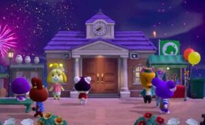 Animal Crossing town hall at night