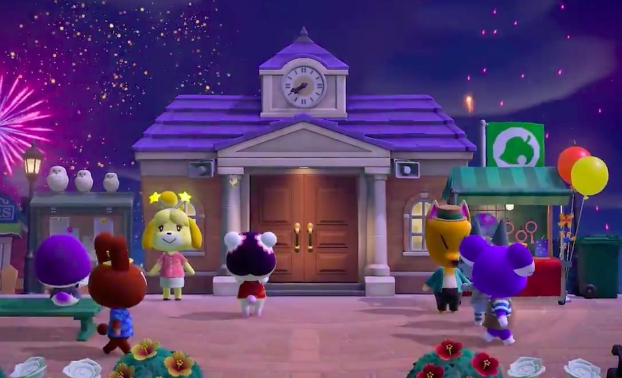 Animal Crossing town hall at night
