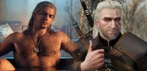 Geralt from Netflix next to Geralt from game