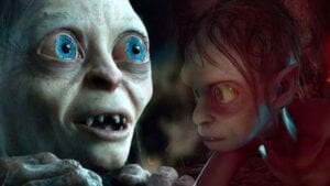 Gollum from Lord of the rings movies next to gollum from next game