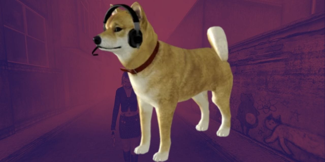Mira the Shibe against a red background