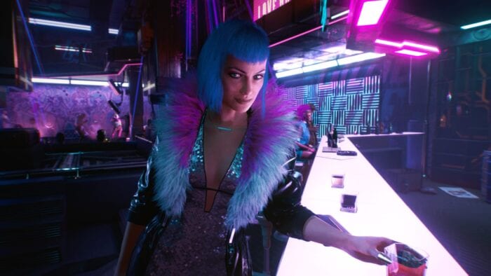 Woman in a bar in Cyberpunk 2077
