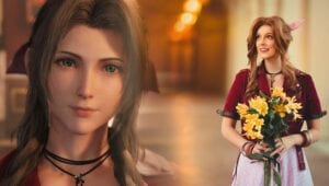 Aerith in game next to voice actor in cosplay