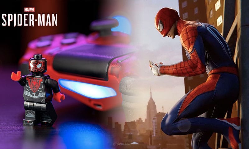 lego miles morales next to spider-man