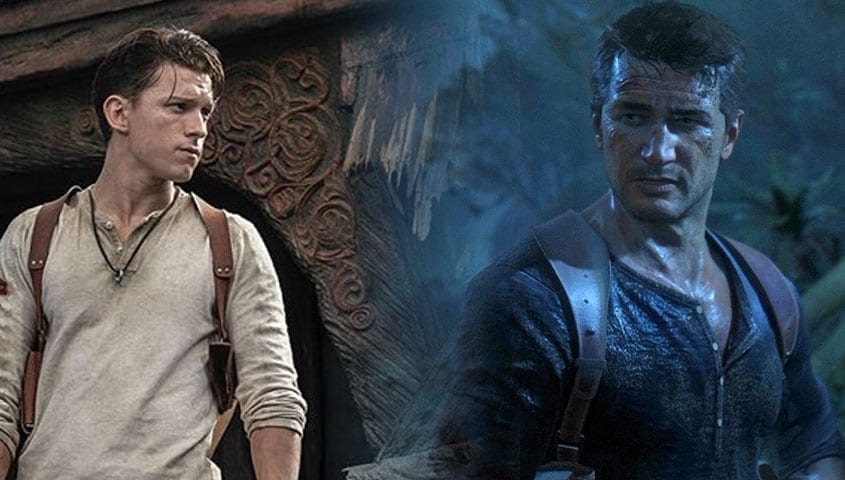 Tom Holland in Uncharted looking at Nathan Drake in Uncharted 4