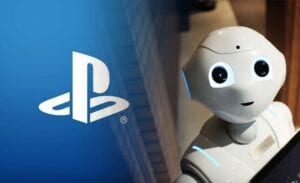 Split screen of robot and playstation logo
