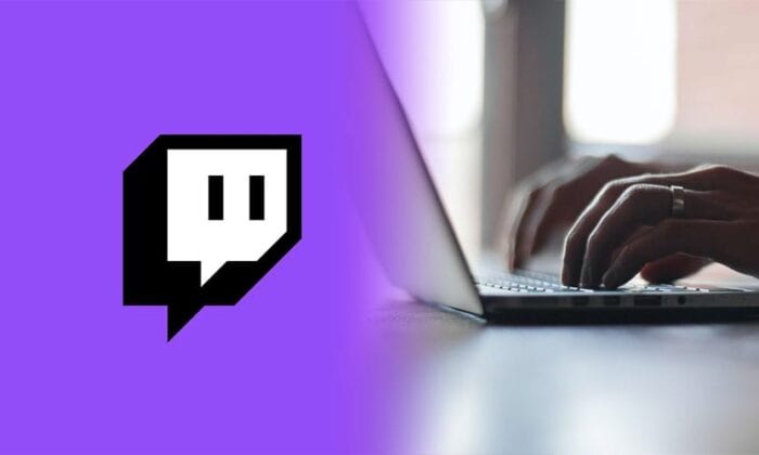 Twitch logo alongside image of person using a laptop