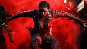 Vampire: The Masquerade character against red background