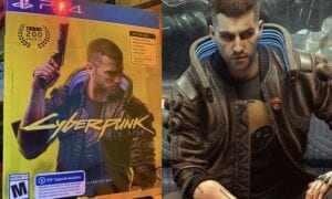 Box art for cyberpunk next to character V