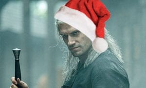 Geralt from The Witcher in a badly photshopped santa hat