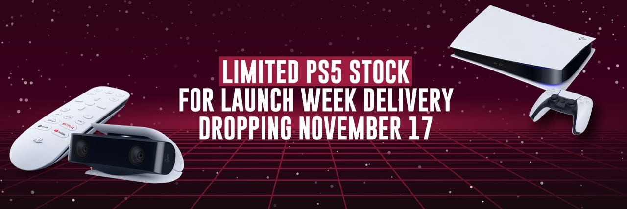 An image stating "limited ps5 stock for launch week delivery dropping november 17" with a PS5 Digital Edition, PS5 camera and PS5 media remote also shown.