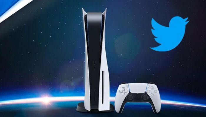 PS5 console with Twitter logo next to it