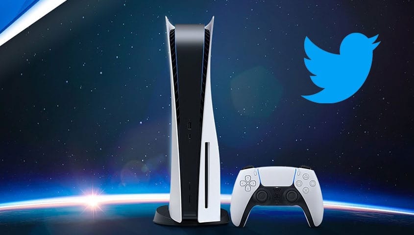 PS5 console with Twitter logo next to it