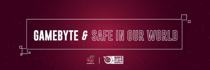 Text logo for GameByte x Safe in our World partnership