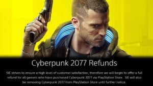 An image showing the boxart protagonist of Cyberpunk 2077 and the start of a quote from the PlayStation website about the game becoming delisted