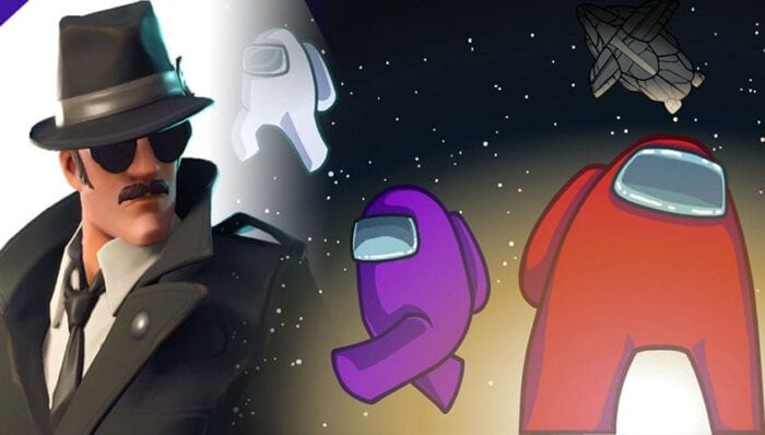 Fortnite hero next to Among Us characters