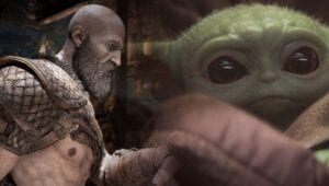 kratos next to baby yoda