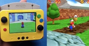 miniature n64 next to super mario 64