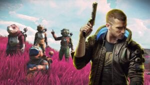 No man's sky background with V from cyberpunk 2077