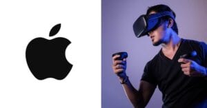apple logo next to man in vr headset