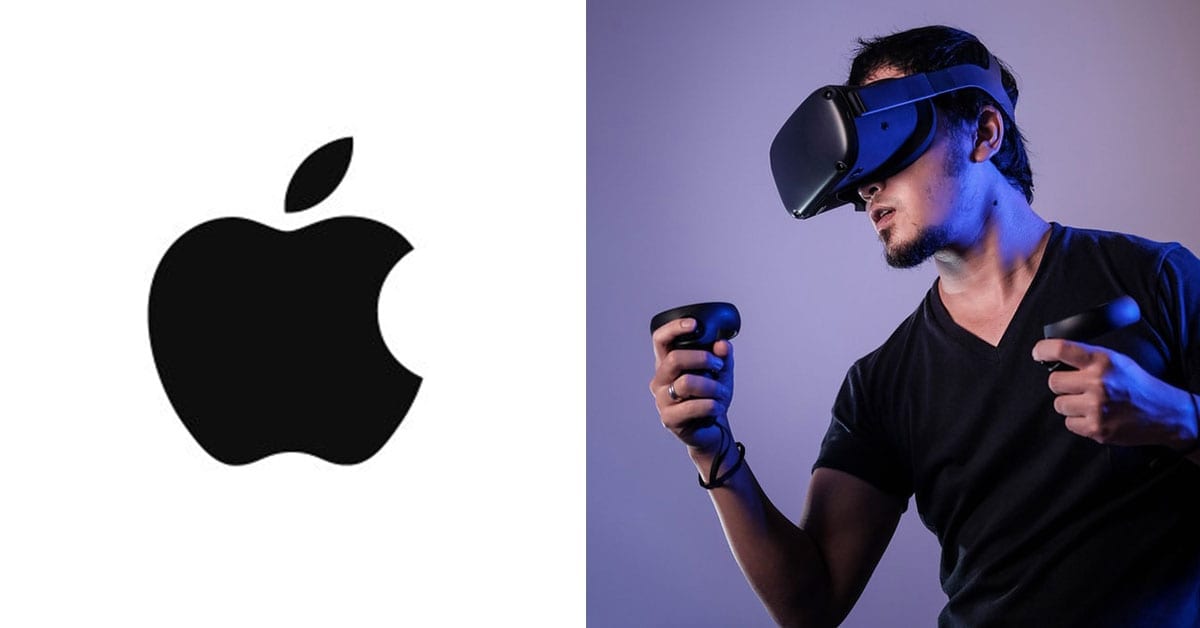 apple logo next to man in vr headset