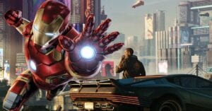 iron man image over cyberpunk background