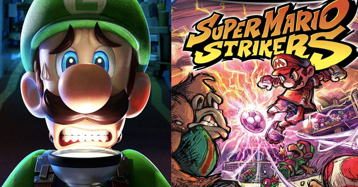 Luigi in Luigis Mansion 3 and Super Mario Strikers box art