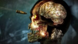 An X-Ray of a zombie skull with a bullet going towards it.