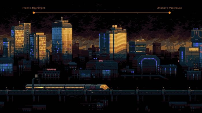 a train rides through a cityscape