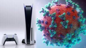 A splitscreen of ps5 consoles and coronavirus germ