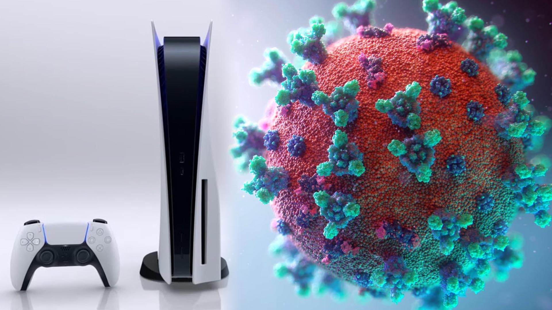 A splitscreen of ps5 consoles and coronavirus germ