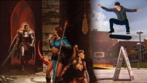 Diablo 2 character looking at Tony Hawk pulling off a sick skateboarding trick