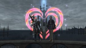 An image of 2 characters in Final Fantasy XIV with a heart behind them