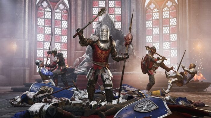 An image of Chivalry 2. Soldiers appear victorious in a throne room.