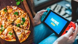 Split screen of delicious looking pizza and a Nintendo Switch (not quite as yummy)