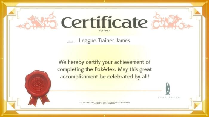 nintendo pokemon certificate