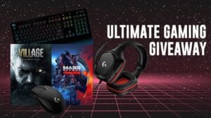 An image showing Resident Evil Village, Mass Effect Legendary Edition and various Logitech G products. Text reads "Ultimate Gaming Giveaway"