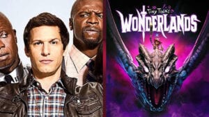 Tiny Tina Wonderlands poster with Andy Samberg next to it