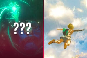 Split screen of Link with magic hand and falling in sky