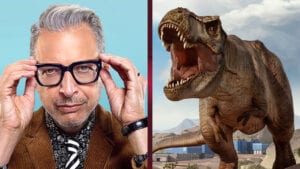 Jeff Goldblum and a T-rex from Jurassic World Evolution 2