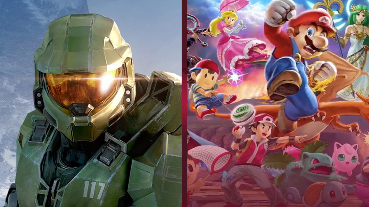 Split screen of Master Chief and characters from Smash Bros on the right