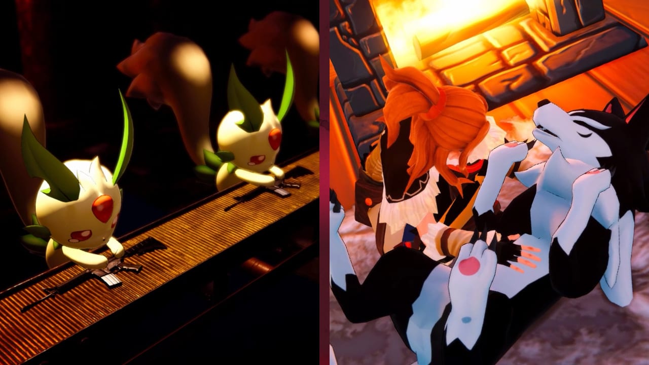 An image showing Pals from Palworld making guns in a factory and looking sad on the left. On the right is a wolf-like Pal getting belly rubs.