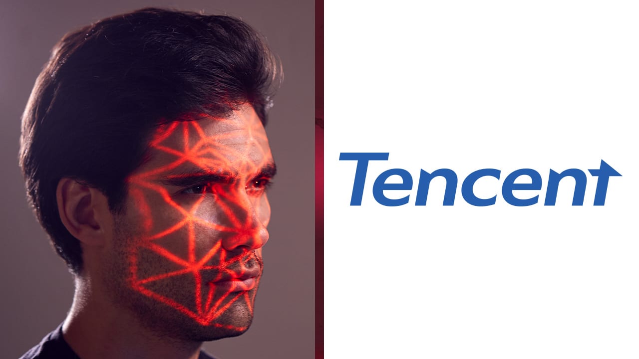 An image showing a mock up of facial recognition along with the Tencent logo.