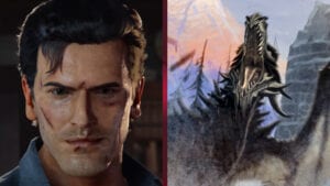 Ash from Evil Dead and a dragon from Skyrim