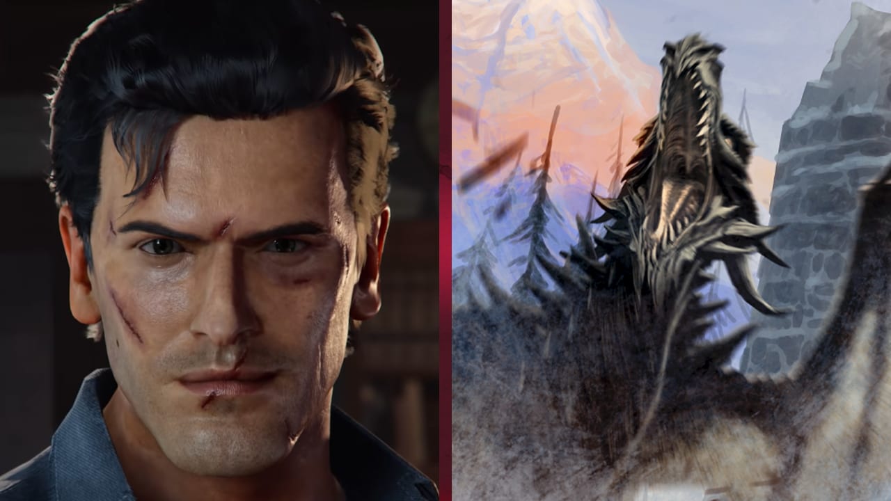 Ash from Evil Dead and a dragon from Skyrim